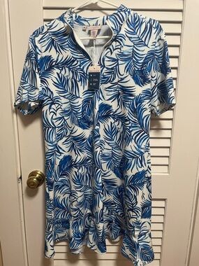 Blue Palm Print Short Sleeve Golf Dress